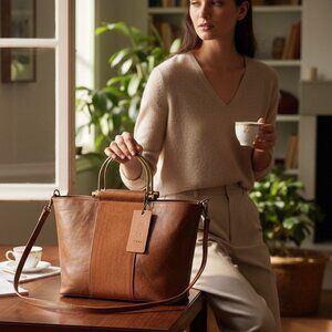 🔥 Modern Suede + Faux Leather Convertible Tote Bag — Rich Cognac Brown